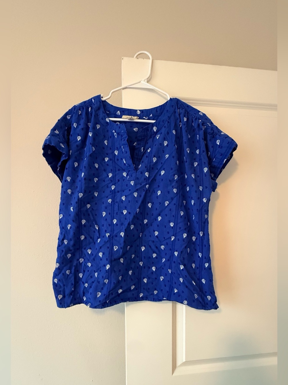 Style & Co. Royal Blue Short-Sleeve V-Neck Blouse with White Print